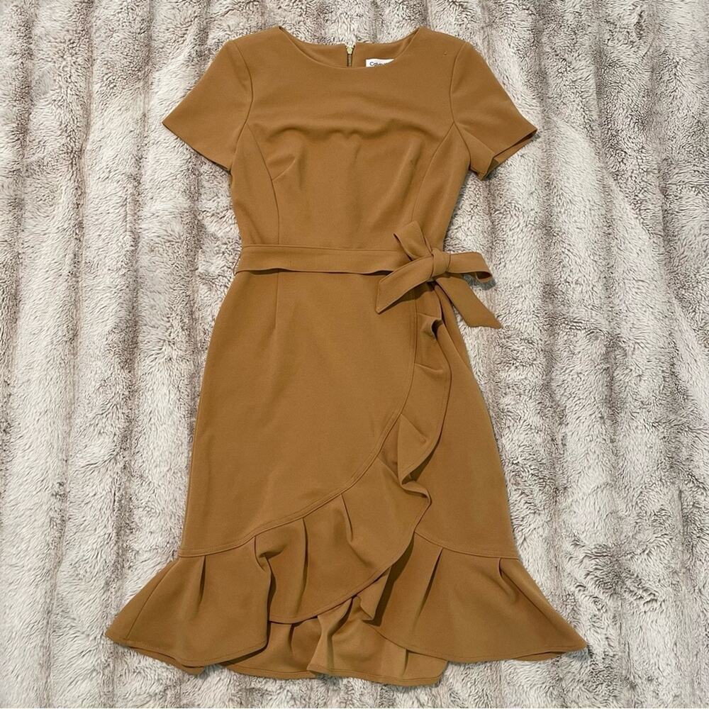 New Calvin Klein Tan Brown Short Sleeve Ruffle‎ Wrap Dress